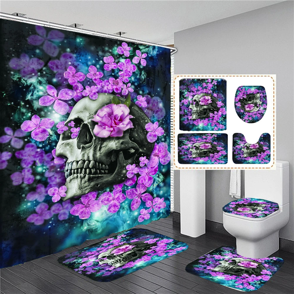 

Flowers Skull Skeleton Printed Shower Curtain Polyester Bathroom Screen Bathtub Partition Bath Mat Set Halloween Decor Curtain