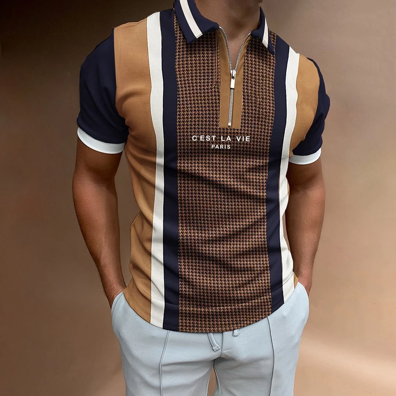 

Мужская рубашка-поло с коротким рукавом, приталенная Повседневная футболка в полоску с отворотом на молнии, лето 2022