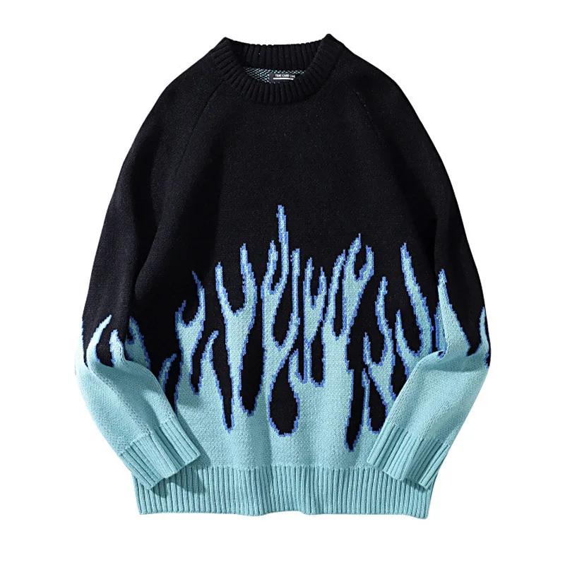 Hip Hop Loose Pullover Women Blue Fire Flame Knitted Sweater Harajuku Streetwear Tops Casual Couple Sweater Unisex High Street
