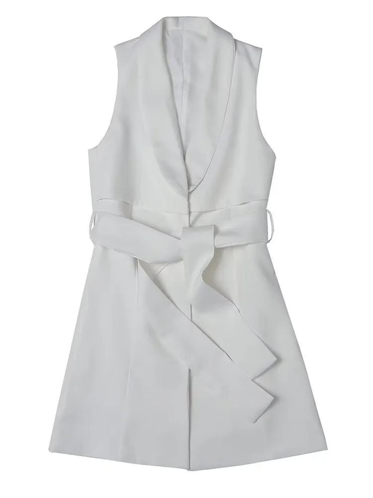 

YLJHQX 2022 Autumn Women Fashion White Vest Coat Versatile Sleeveless Single-breasted V Neck With Belt Female Mid Length Coat