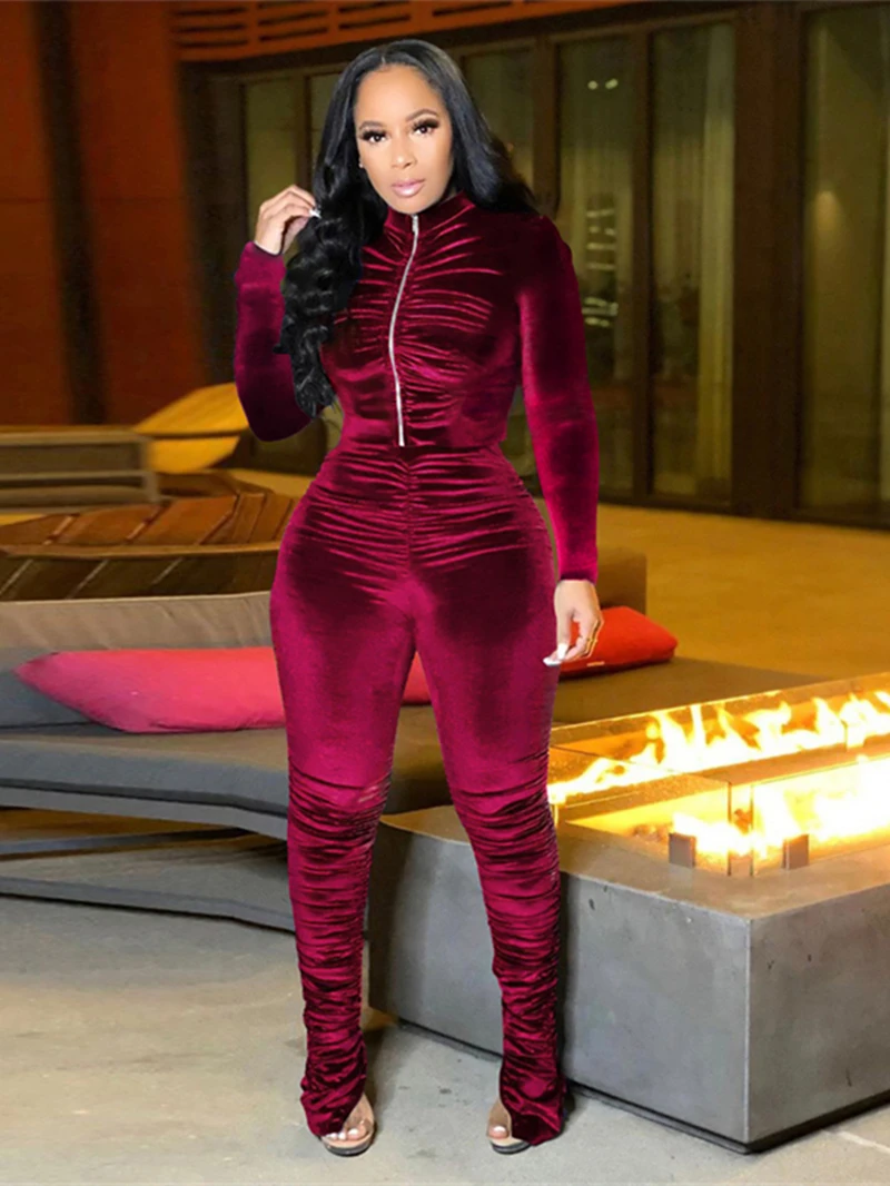 

Streetwear Velvet Tracksuit Women Two 2 Piece Set Outfits Autumn INS Clothes Stacked Jacket Top and Pants Suit Velour Woman Sets