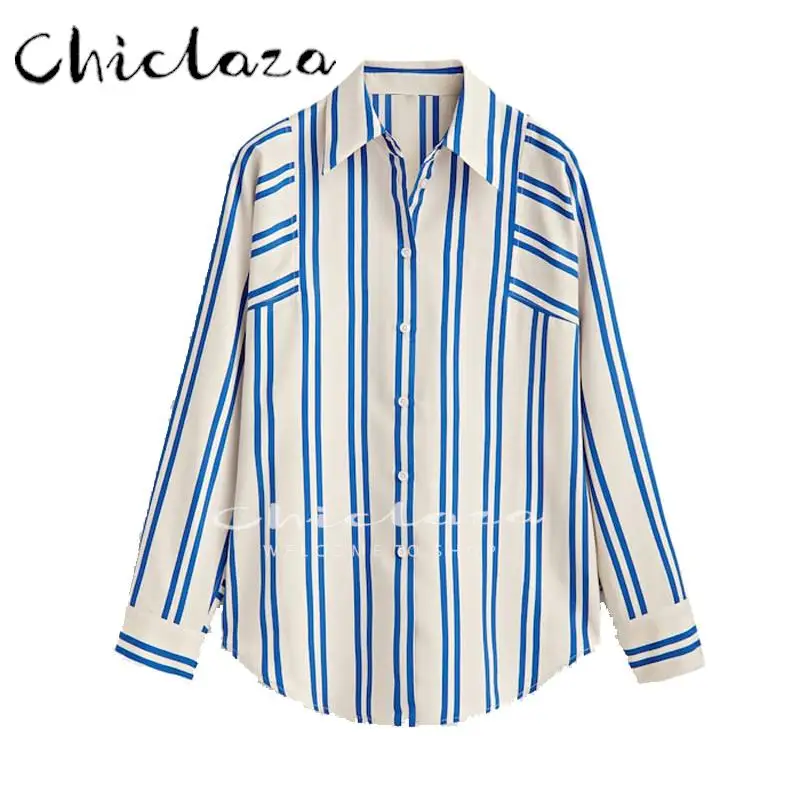 

CHICLAZA 2022 Spring Autumn Woman Fashion Loose Striped Long Sleeves Shirt Top Female Office Simple Button Casual Blouse