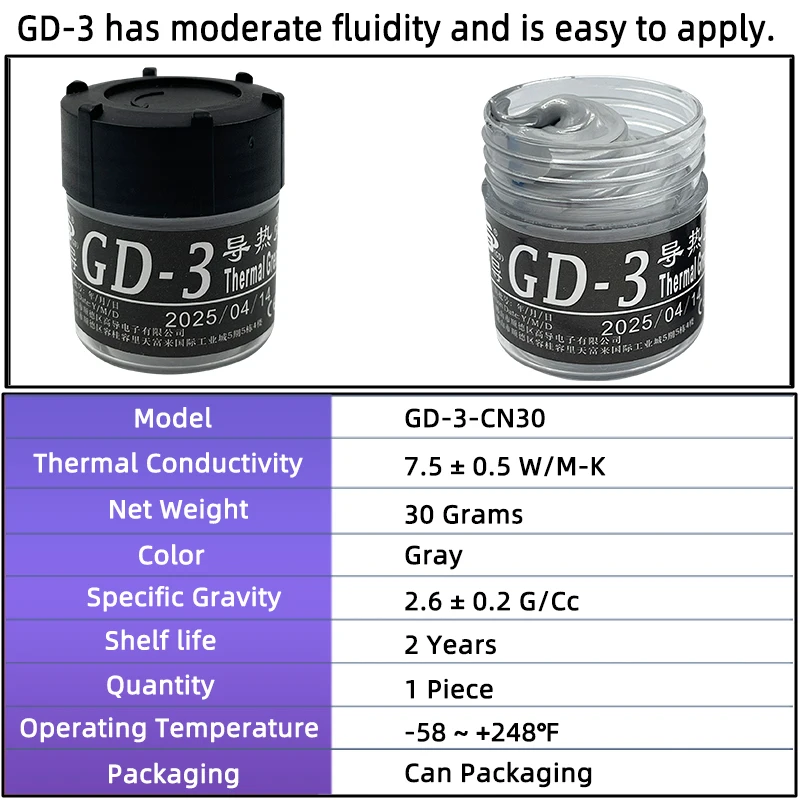 Фото Продуктивная термопаста GD-3, 30 г, серая, 7,5 Вт/мк для процессора, графического процессора, принтера, радиатора, охлаждающего кулера, термопаста, силиконового блока CN №2