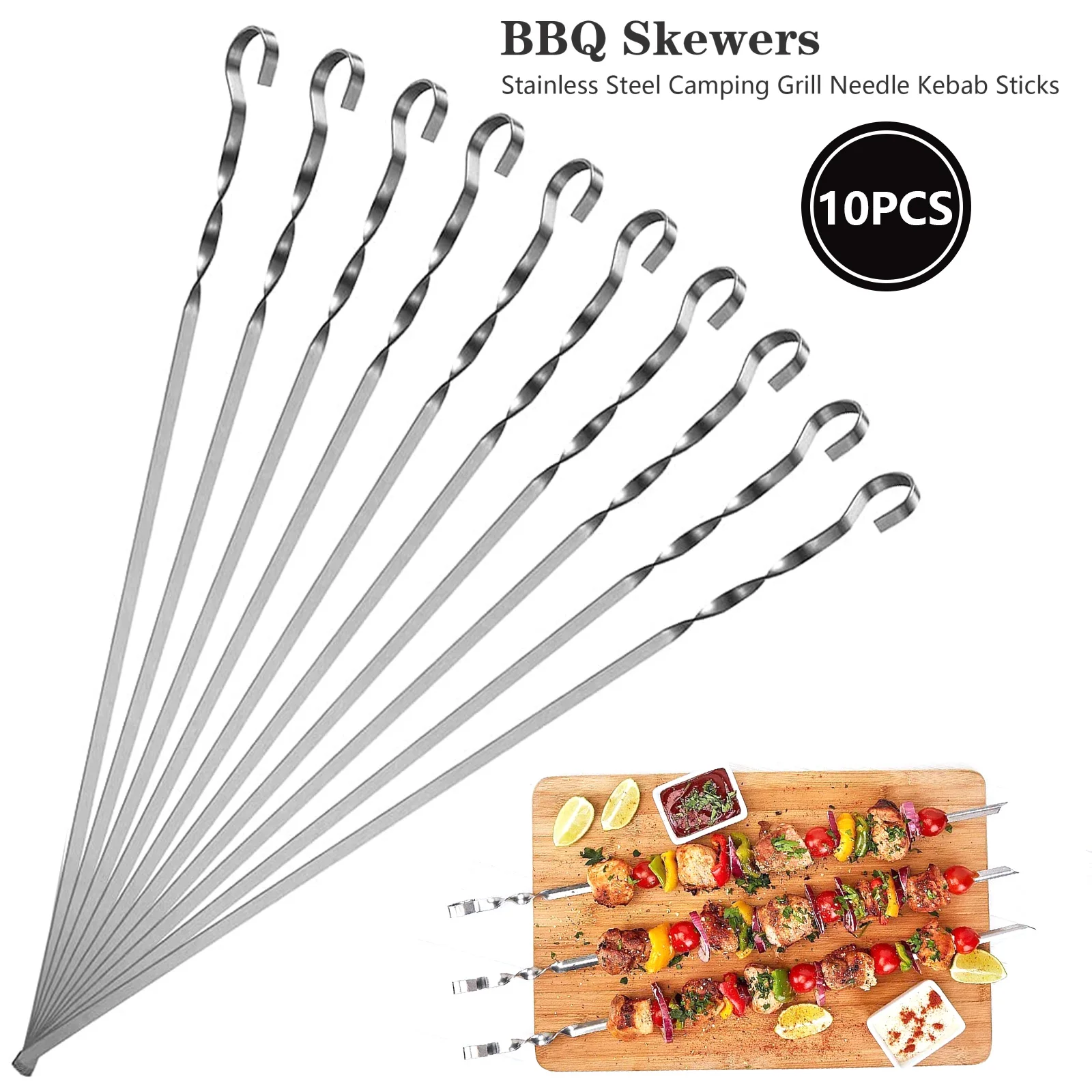 

10Pcs Barbecue Skewers Reusable Stainless Steel Skewer Kebab BBQ Camping Grill Flat Forks Outdoor Bbq Accessories BBQ Sticks