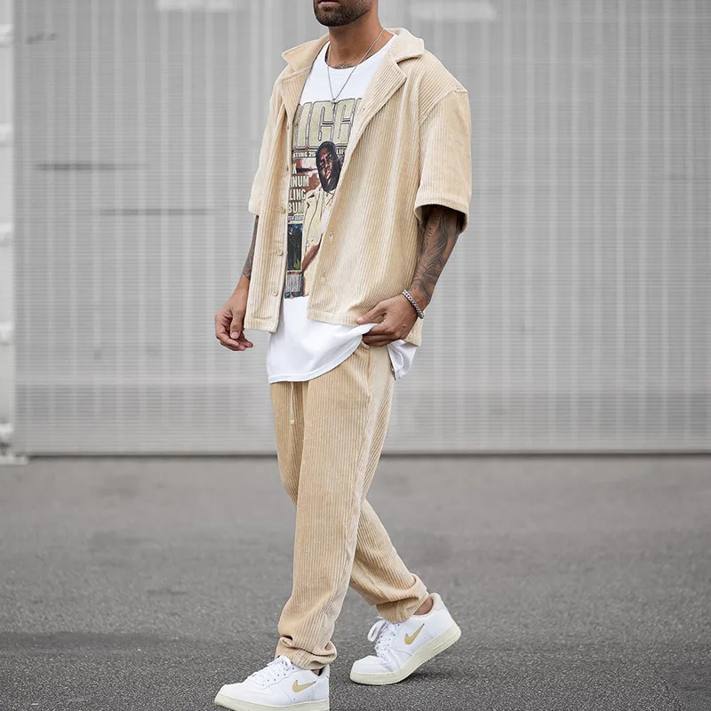 

Vintage Solid Ribbed Shirt Two Piece Men's Clothing Streetwear Fashion Lapel Short Sleeve Shirts And Pants Suits Men Summer Sets