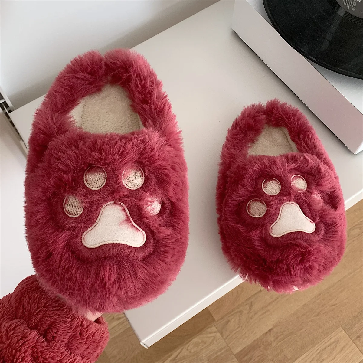 Women Home Slipper 2022 Winter Lovely Red Bear Paw Plush Cotton Slippers Women's Non Slip Thick Bottom Half Cover Heel Warm