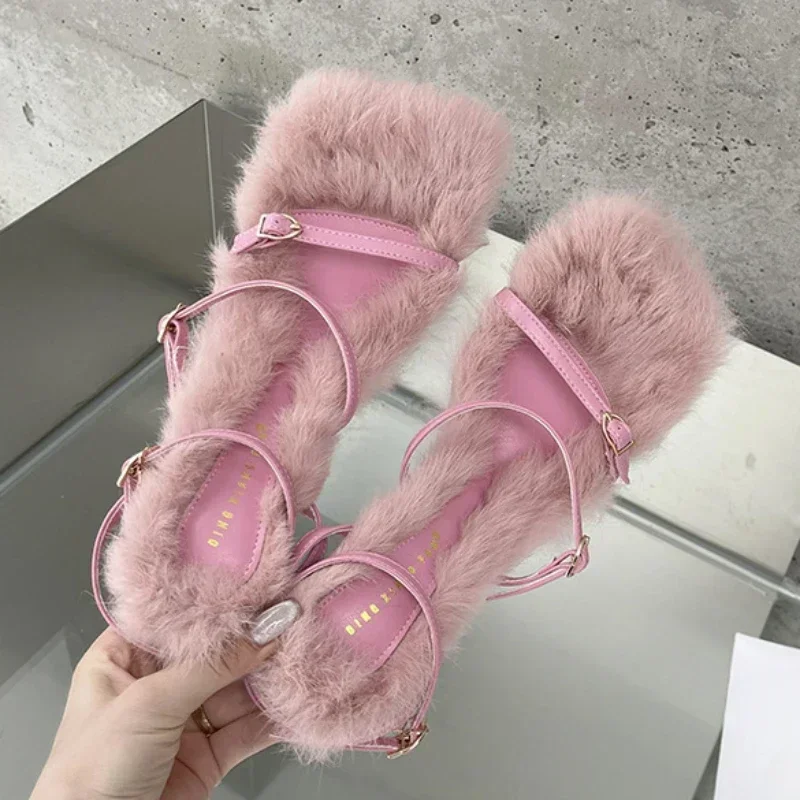 

Brand Plush Fur Fuzzy Sandals Women 2024 Thin Heels Fashion Square Toe Ankle Lace Up Buckle Strap Slides Shoes босоножки женские