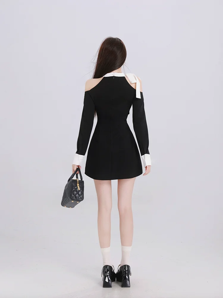French sle Pure Desire Bow off-the-Shoulder Long sleeve dress Women Waist Hugging Temperament Design Sense Black Short Skir...