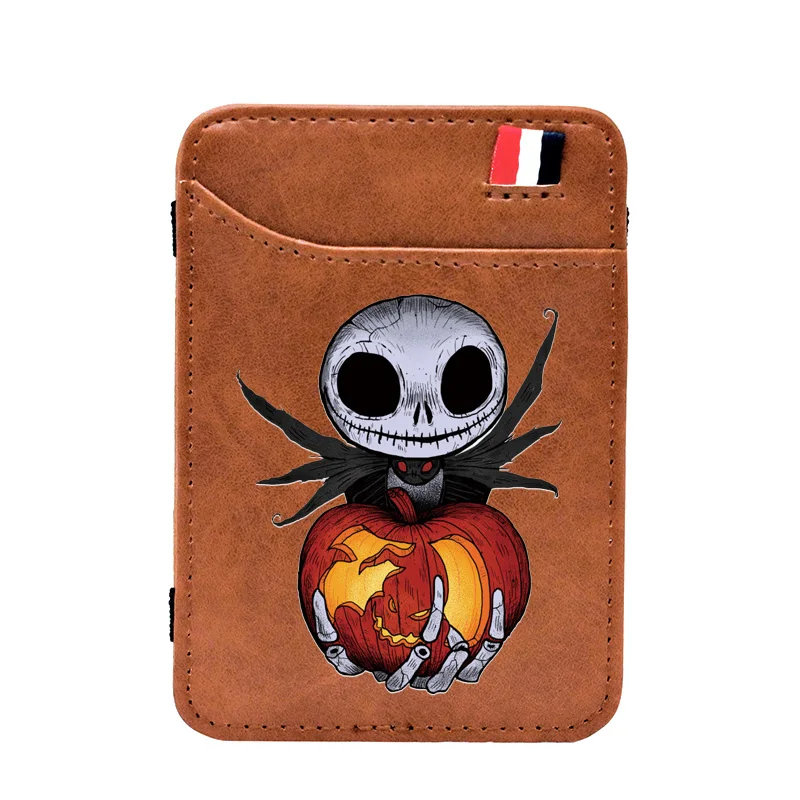 

Brown Vintage Halloween Skull Pumpkin Printing Leather Magic Wallets Classic Men Women Money Clips Card Purse Cash Holder BE759