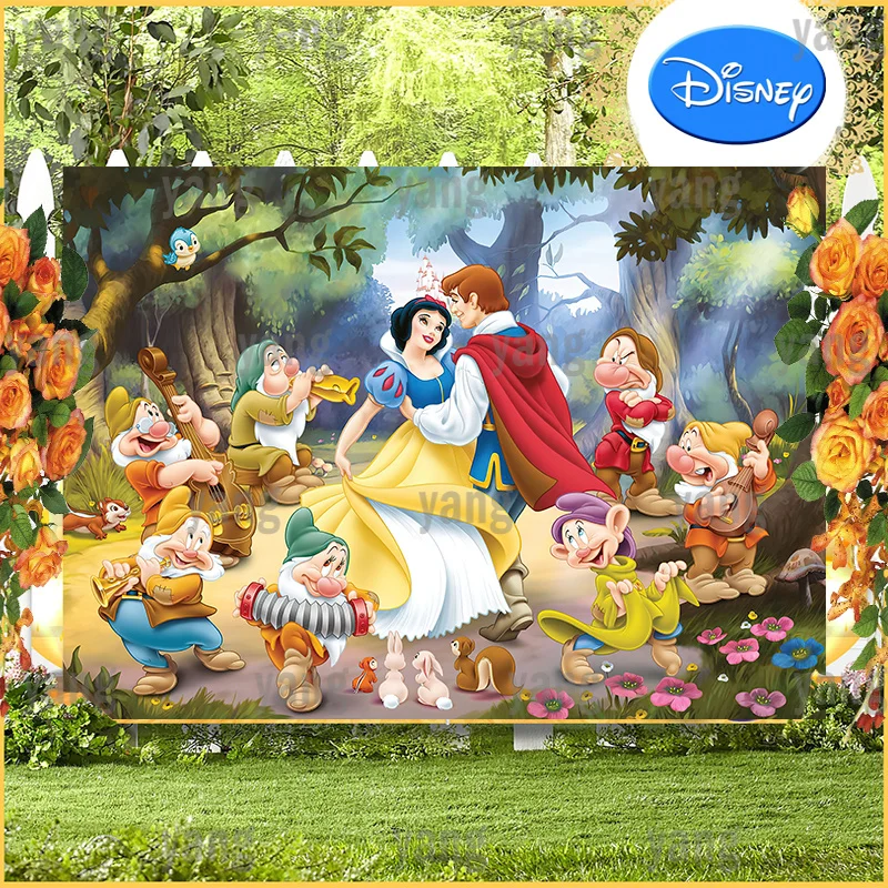 Cute Snow White Princess Seven Dwarfs Disney Forest Backdrop Support Customize Party Background Cloth Baby Shower Kids Birthday enlarge