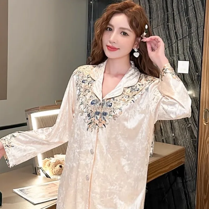 Woodpecker Print Gold Velvet Pajamas Women Autumn High-Grade Floral Small Lapel Light Luxury Long sleeve Homewear Set
