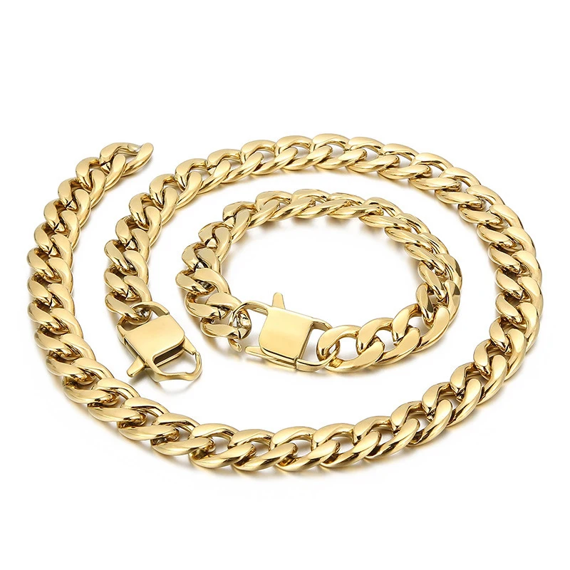 

13mm Miami Gold Color Stainless Steel Curb Cuban Link Chain Necklace Men Women Punk HipHop Polished Bike Biker Bangle Jewelry
