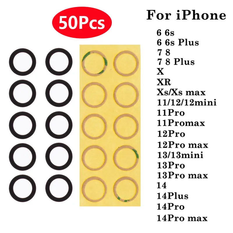 

Объектив задней камеры для iPhone 6 6S 7 8 Plus X XS Max XR 11 Pro 12 13 14 Pro Max, 50 шт., стеклянная крышка с наклейкой