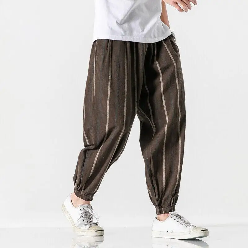 

New Hiphop Men Pants Harem Hiphop Baggy Stripe Cotton linen trousers Chinese