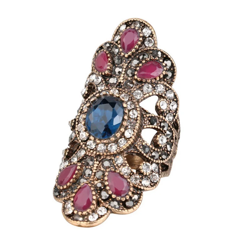 

Luxury Antique Ring for Women Vintage Look Blue Resin Jewelry Bohemian Silver Color Inlay AAA Gray Crystal Charm Punk Ring