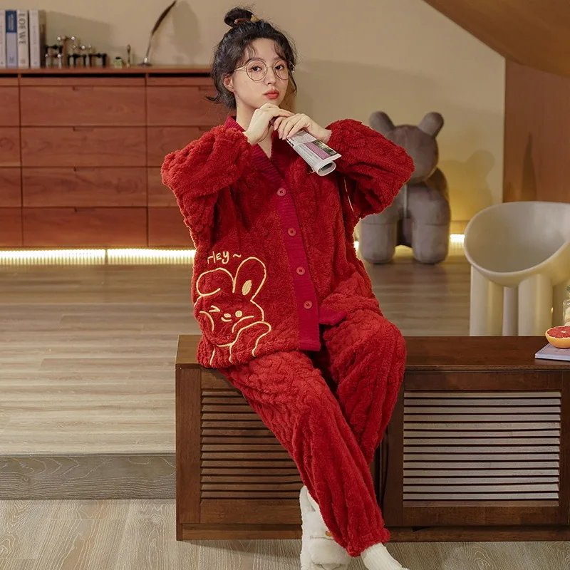 

Зимние толстые теплые пижамные комплекты из кораллового флиса для женщин фланелевая одежда для сна 2 шт./компл. Милая большая красная Домашн...