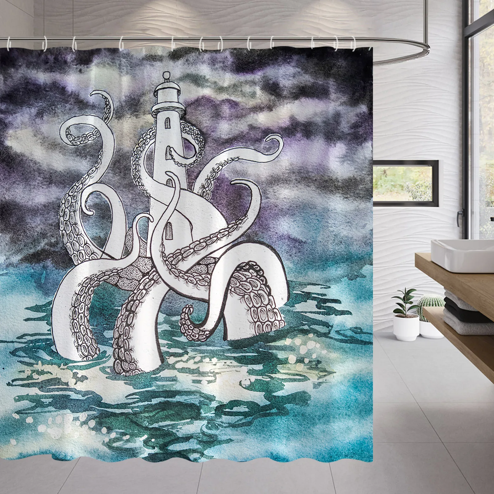 

Занавеска для душа «Осьминог», занавеска в ванную комнату с рисунком аниме, Чирок, океана, белого морского монстра, тканевый комплект аксесс...