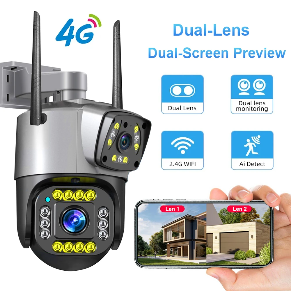 4MP Dual Lens 4G IP Camera Wifi Outdoor Dual Screen Webcam 1080P Smartlife Waterproof PTZ CCTV Camera Security Protection V380