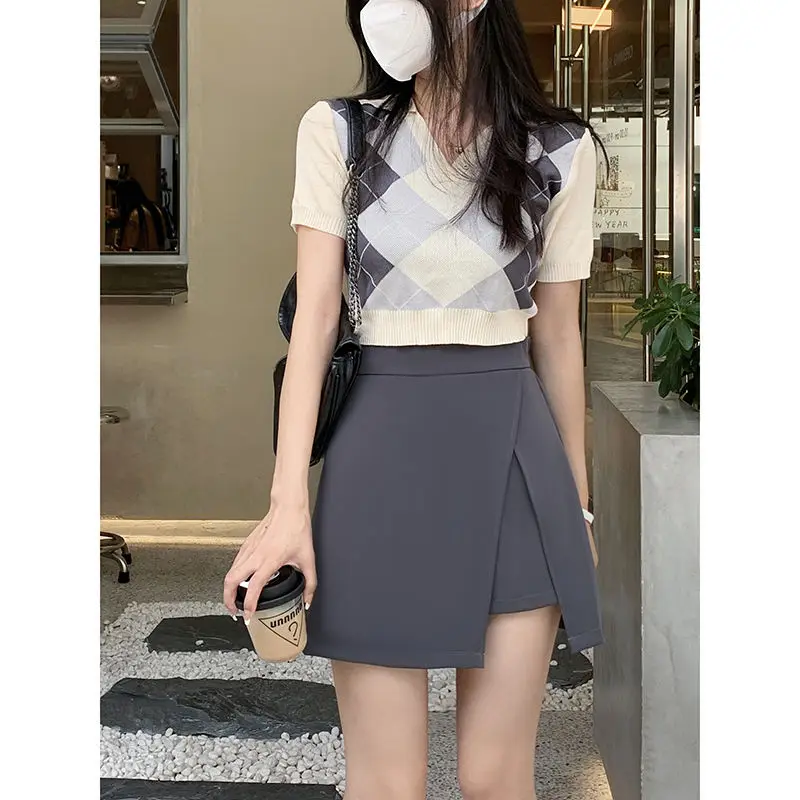 

Юбка женская короткая с разрезом, однотонная офисная мини-юбка с завышенной талией, трапециевидная в Корейском стиле, большие размеры, на лето