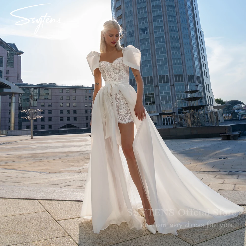 Короткие свадебные платья с пышными рукавами женское кружевное свадебное платье