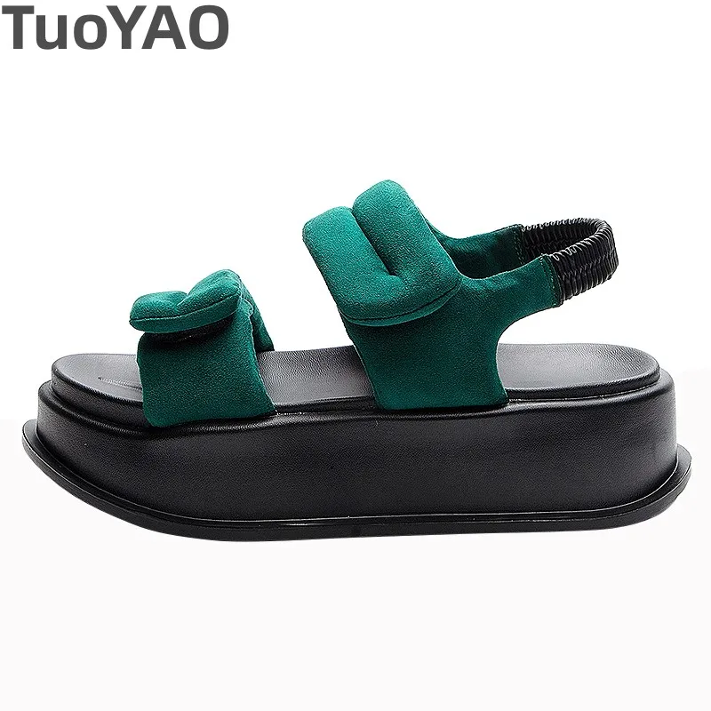 

6cm Women Platform Wedge Shoes Genuine Leather Peep Toe Fashion Rubber Comfort Ladies Elastic Band Faux Suede New Summer Sandals