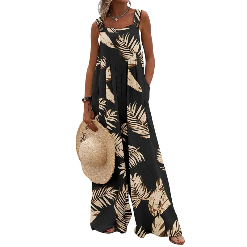 Women Summer Tie Dye Gradient Romper with Pockets Casual Leaves Print Wide Leg Jumpsuit Long Pants Beach Wear