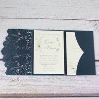 embossing navy blue wedding invitation cards with envelopes elegant flower pocket 250gsm custom invite maker 50 sets