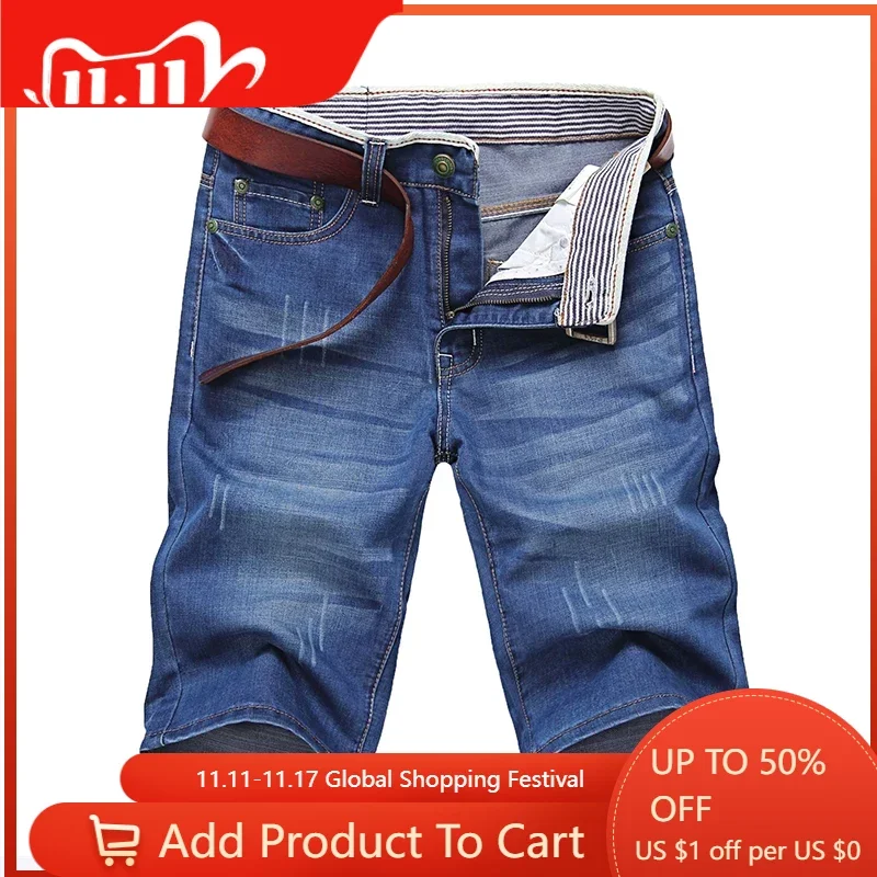 

Шорты мужские джинсовые однотонные, хлопковые прямые тонкие штаны, повседневные синие, размер 40, лето