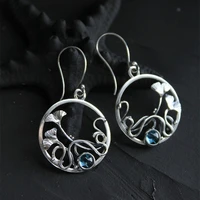 vintage personality round metal design wrapped maple leaf earrings inlaid blue crystal ladies dangle earrings jewelry