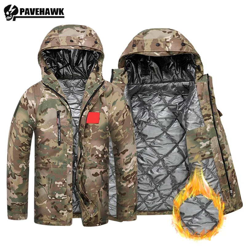 

Winter Mens Camouflage Parka Hooded Waterproof Jacket Male Resistant Multi Pocket Heat Reflect Inside Thick Padded-cotton Coat