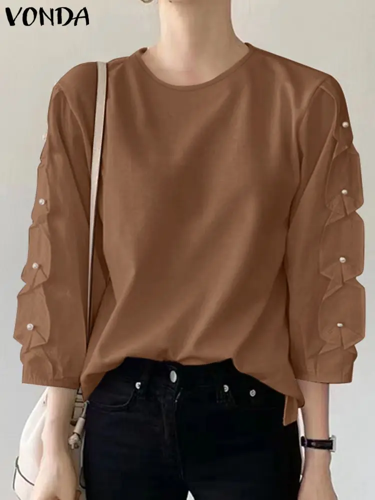 

VONDA Women Summer Blouses 2023 Fashion Shirts 3/4 Sleeve Casual Solid Color Tunic Tops Pearl Patchwork Party Blusas Femininas