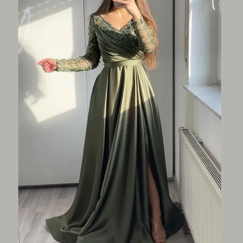 

Chest Wrapped Ruffle Edge Black Green Middle Waist Solid Color Lace Long Evening Dress Princess Sleeve Fold Banquet Split Skirt