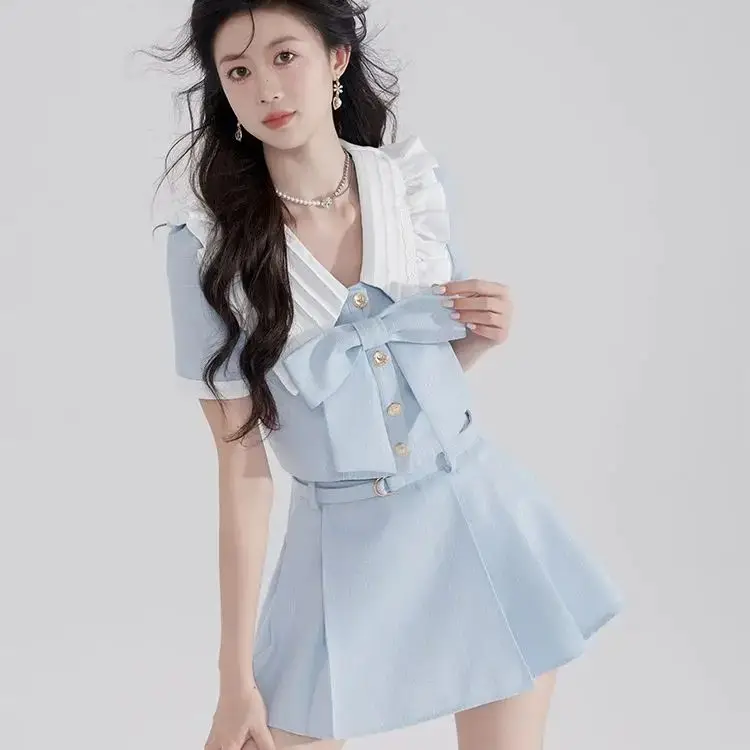 Женский комплект из двух предметов плиссированная юбка и кружевной топ с