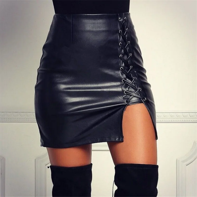 

Autumn lady knee above Black PU Leather Mini Skirt winter women high waist front split fashion skirt