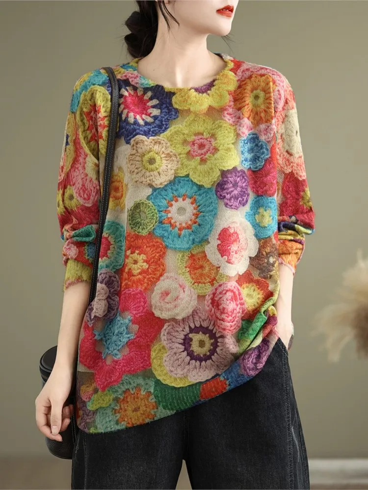 Осенний пуловер большого размера с цветочным принтом женский свитер длинным