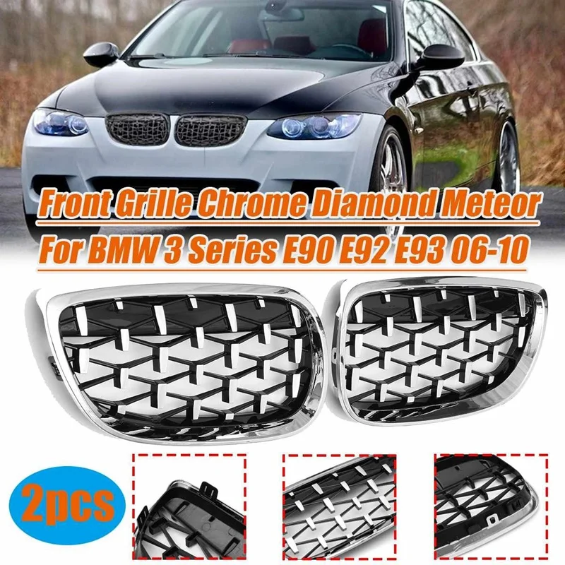 

NEW-2X Car Front Bumper Hood Kidney Grille Diamond Meteor Racing Grill Chrome For -BMW 3 Series E92 E93 2DR 2006-2010