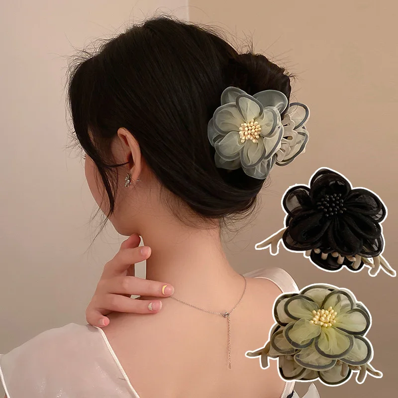 

Camellia Flower Shark Clip Elegant Crab Hairpins Soft Gauze Flower Hair Claw Clip Vintage Bath Clip Ponytail Clip DIY Handmade