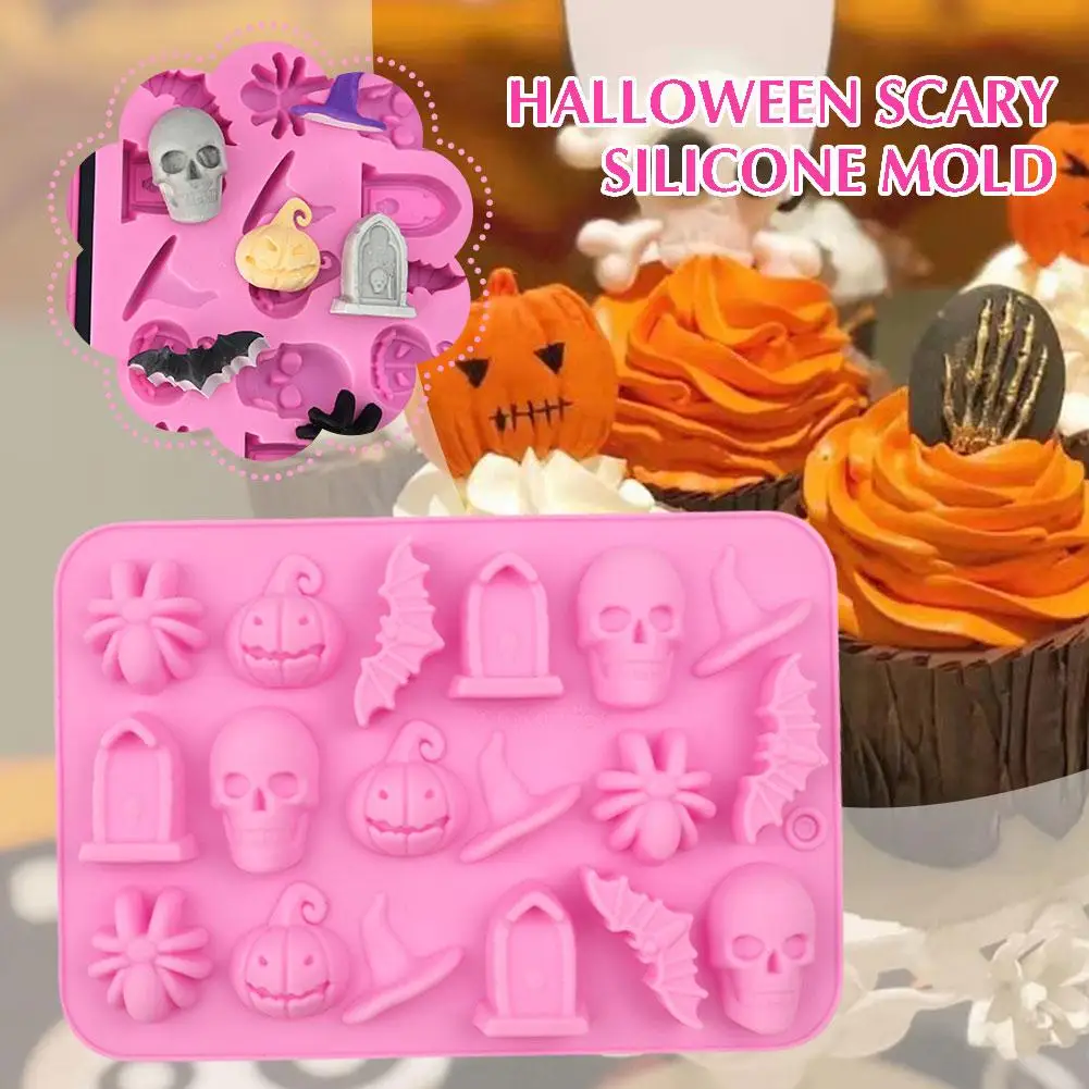 

Halloween Scary Silicone Mold 18 Grids Hat Skull Tomb Bat Cake Mould Chocolate Cupcake Mold Baking Pumpkin Tools Spider W4Y9