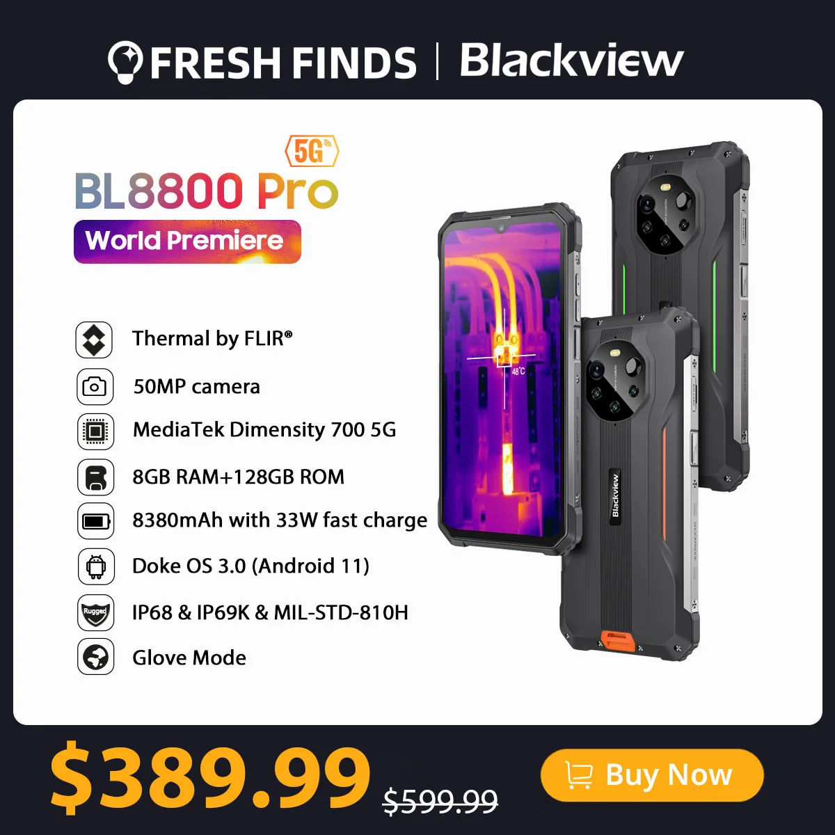 Blackview BL8800 Pro 5G Rugged Phone Thermal Imaging 50MP Camera Phone MTK700 8GB+128GB Cellphone 8380mAh Battery Global Version