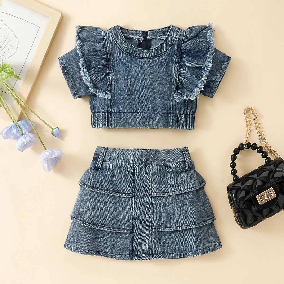

Hibobi джинсовый топ с оборками и Однотонная юбка для девочек, комплект одежды из 2 предметов, летний повседневный наряд, Детская трапециевидна...