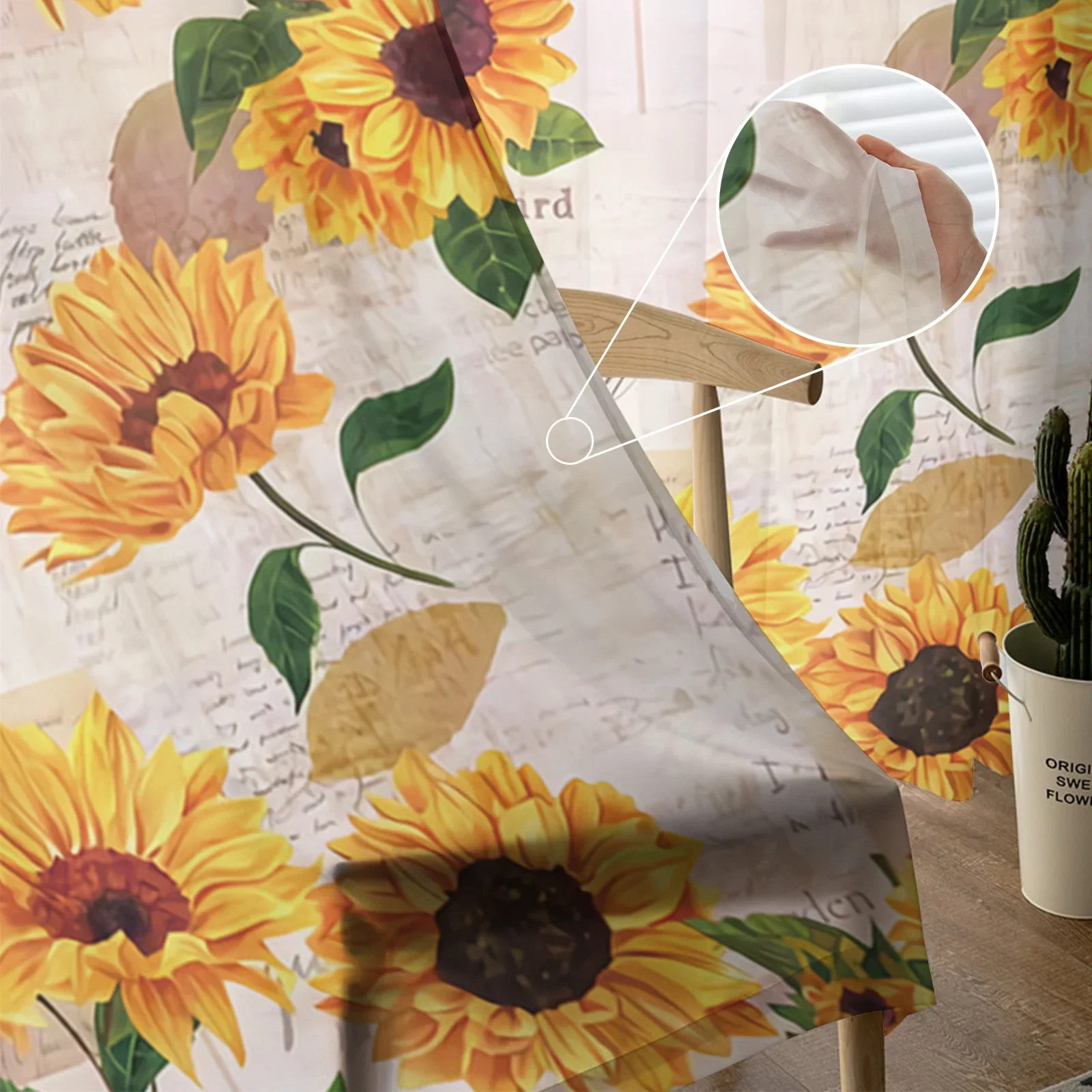 Sunflower Old Newspaper Background Sheer Curtains for Living Room Decoration Window Curtain Kitchen Tulle Voile Organza Drapes