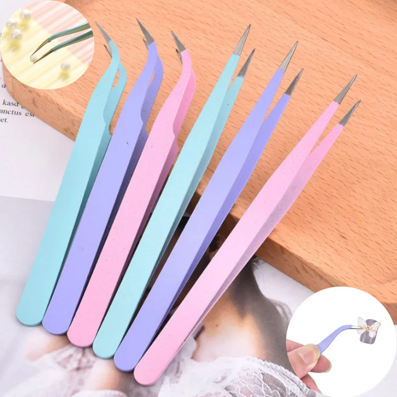 

2 Pcs Stainless Steel Precision Tweezers Straight Head Elbow Clip Eyelashes Manicure Rhinestone Gem Handmade Tweezers