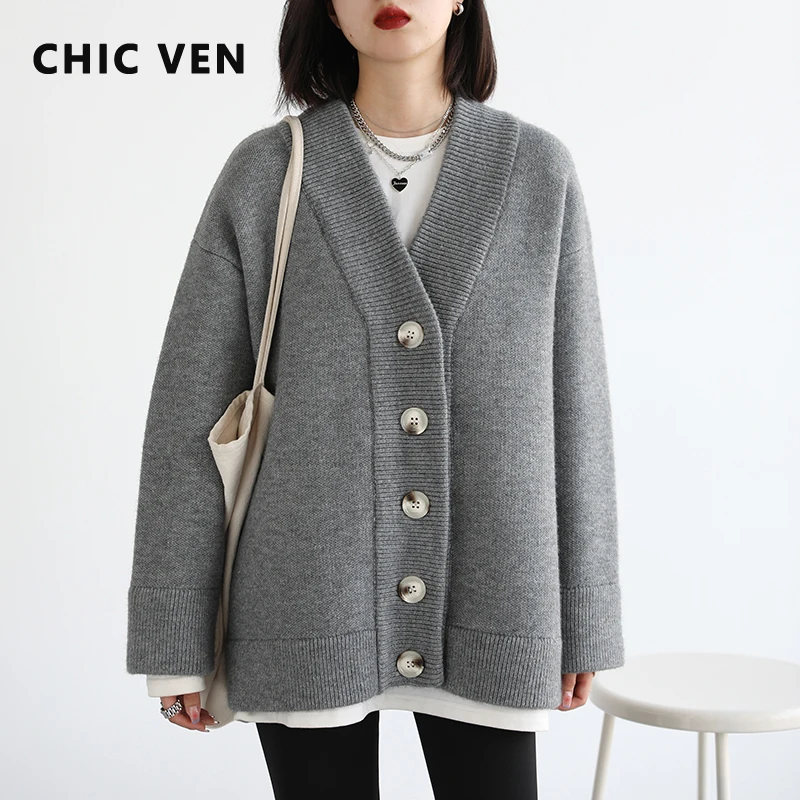 CHIC VEN Women Cardigan Sweater Casual Loose V-neck Knitted Cardigan Thick Long Sleeve Sweaters Coat Women's Winter Jumper Woman