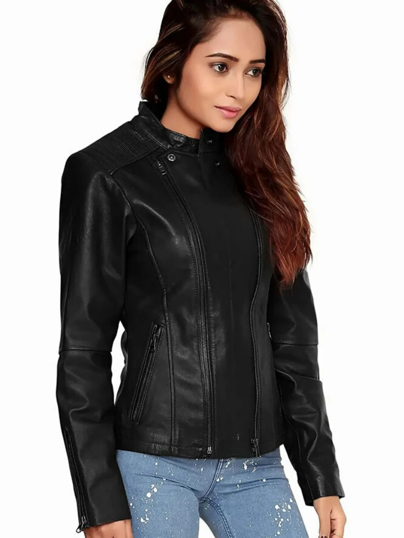 Genuine Leather Jacket for Women Slim Fit Crop Coat Moto Biker Jacket Fashion Real Leather Coat