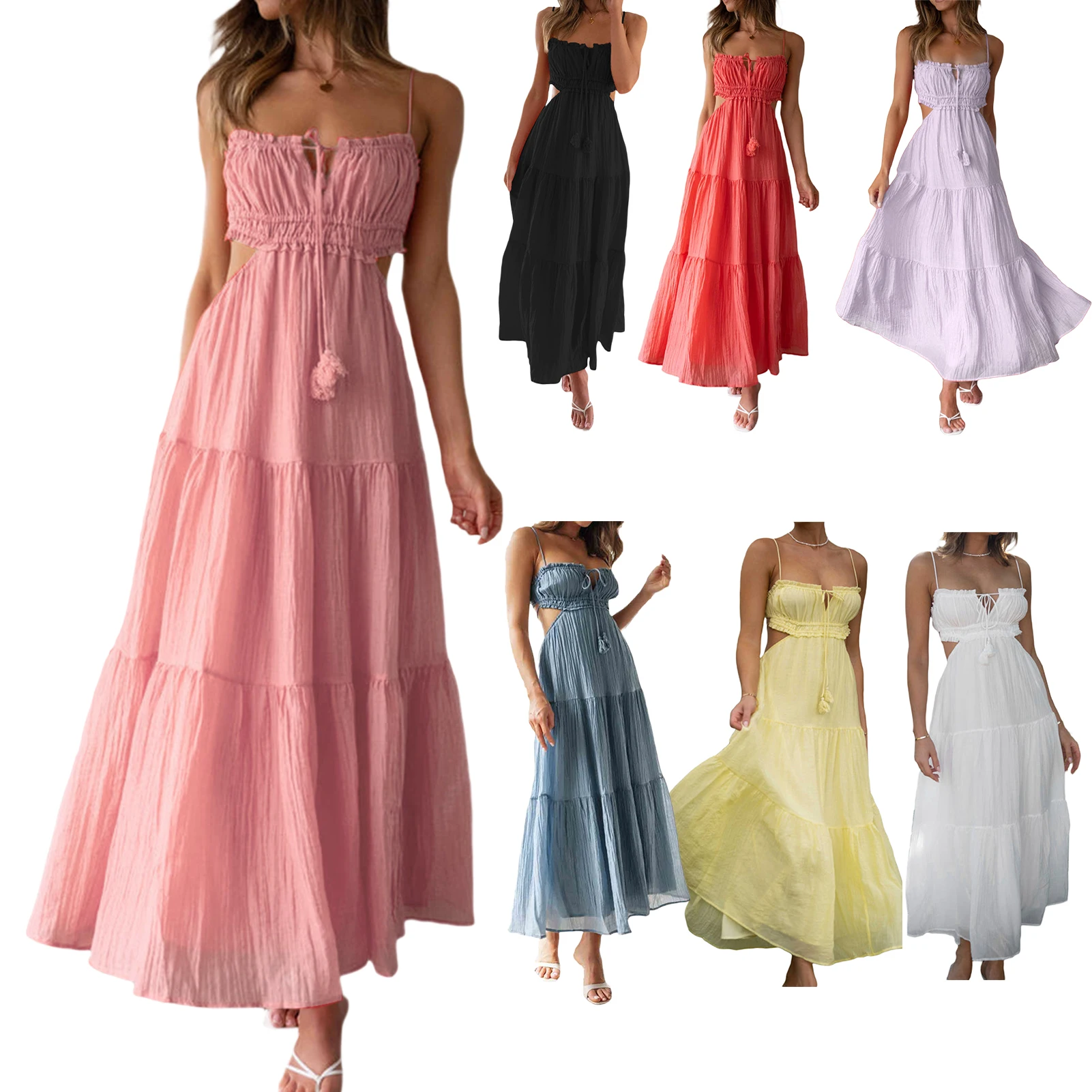 

Ladies Spaghetti Strap Dress Square Neck Women Sling Long Dress Solid Color Slim Fit Backless Sexy Beach Sundress Party Vestidos