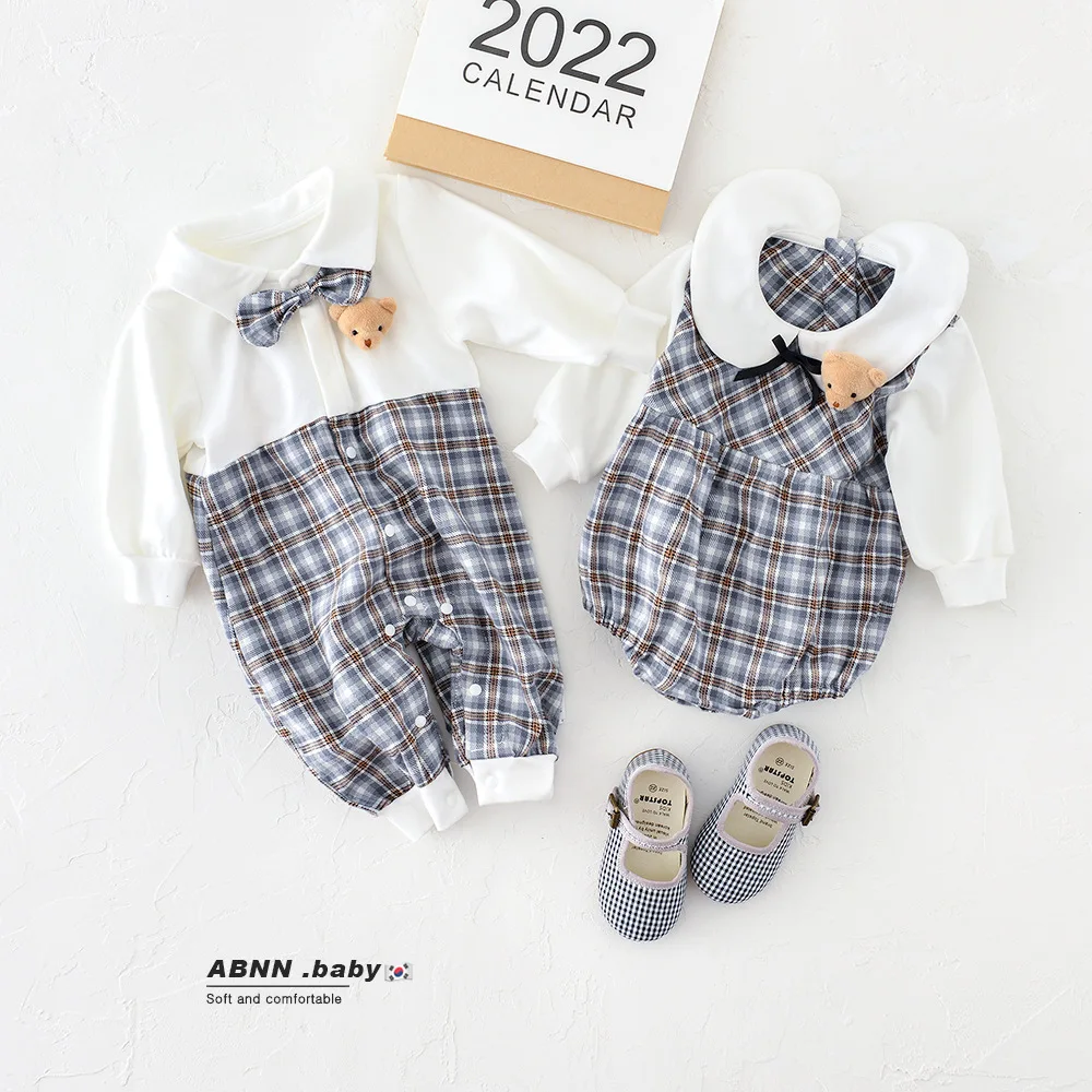 

2022 Autumn New Boy Infant Plaid Bear Long Sleeve Romper Girl Baby Cotton Bow Splicing Casual Jumpsuit Brother And Sister Outfit