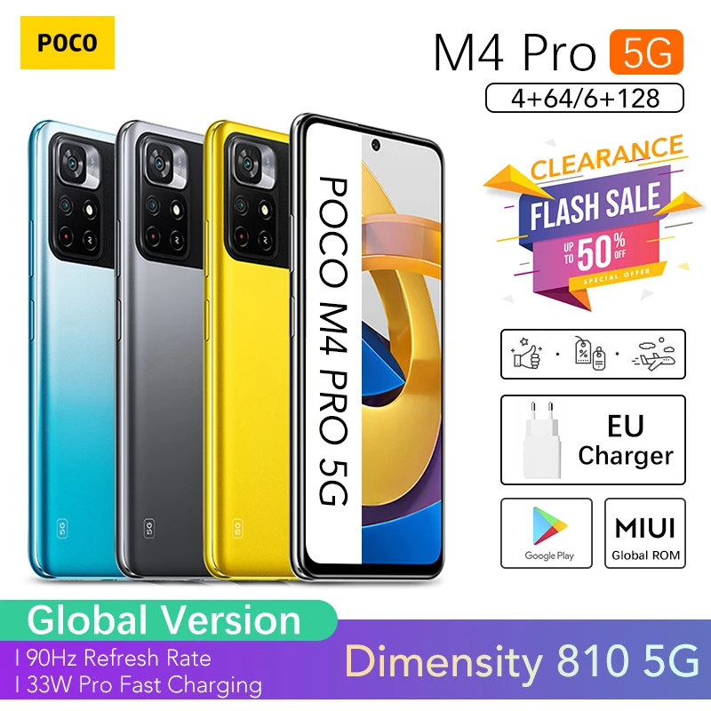 

Global Version POCO M4 Pro 5G Smartphone 4GB RAM 64GB ROM MTK Dimensity 810 90Hz 6.6" Display 50MP 5000mAh Battery 33W Pro NFC