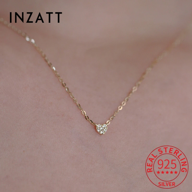 

INZATT Real 925 Sterling Silver 14K Gold Plated Super Mini Inlaid Zircon Heart Pendant Choker Necklace For Women Fine Jewelry