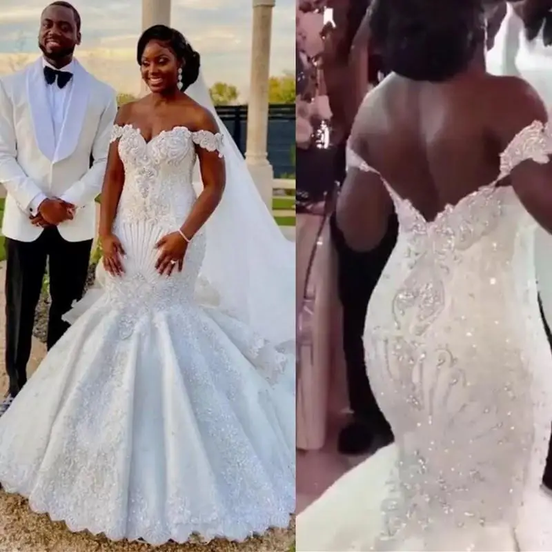 

Crystal Mermaid Wedding Gowns 2022 African Off The Shoulder Sexy Major Beading Bridal Dresses Lace Glittering Vestidos De Novia