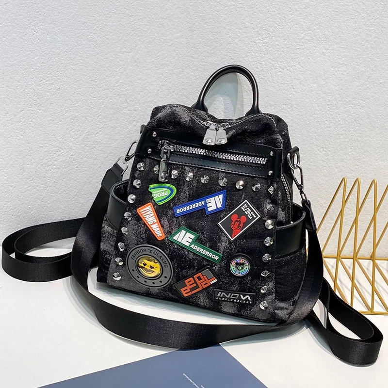 

Fashion Casual Backpack Women Denim Street Trend Rivet Appliqué School Bag Individuality Travel bag Square Handbag
